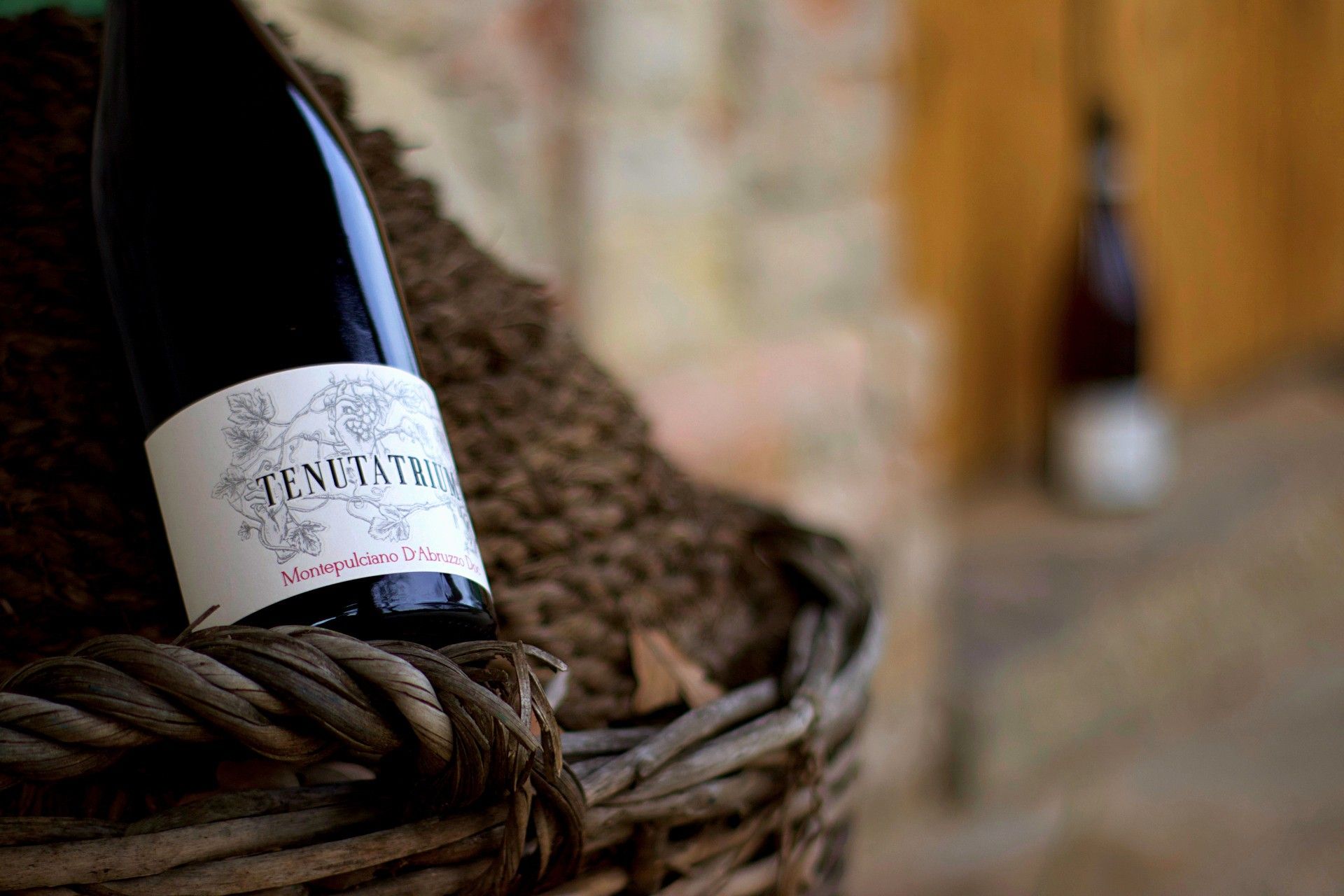 bottiglia sulla damigiana antica di Montepulciano D'Abruzzo DOC della Tenuta Trium di Notaresco a Teramo in Abruzzo
